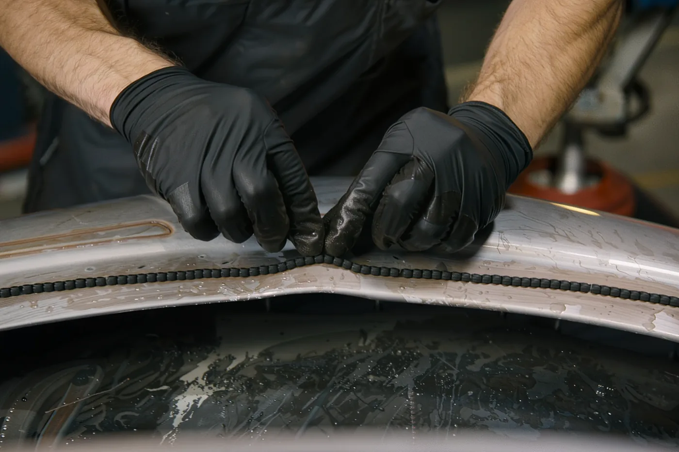 Gloved hands pressing a continuous urethane bead along the pinchweld of a stripped windshield frame